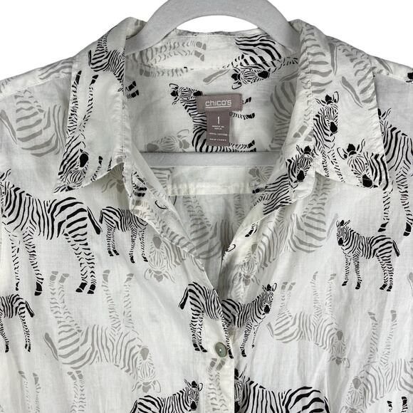 Chico's 100% Cotton Button Down Casual Cream & Black Zebra Size Medium - Picture 5 of 8